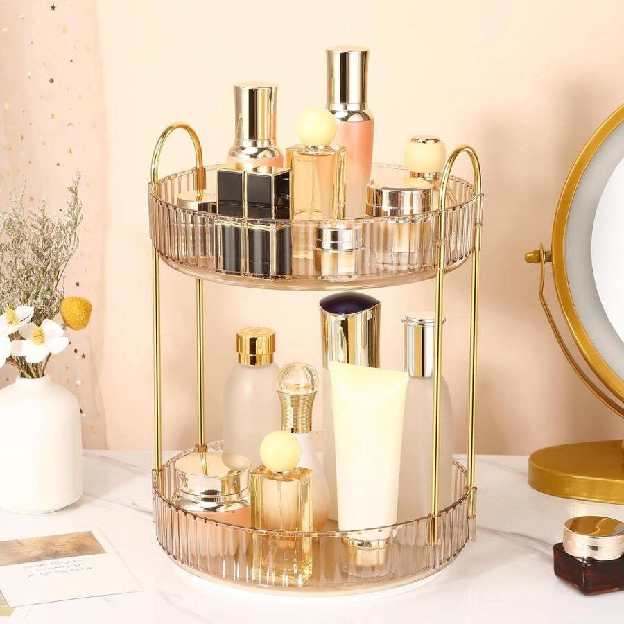 Organizer voor make-up 360 graden draaibaar grote capaciteit multifunctionele cosmetica-opslag voor make-uptafel badkamer slaapkamer (2 lagen barnsteen)