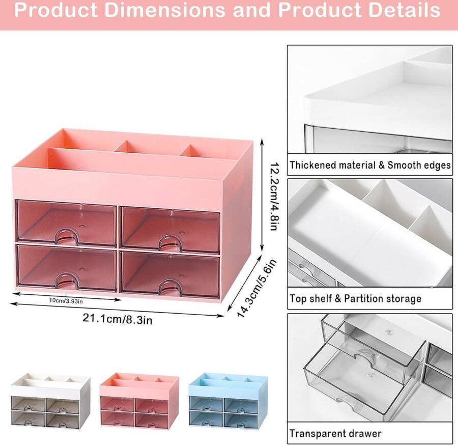 Organizer voor make-up cosmetica-organizer tafel cosmetica-organizer van kunststof met lade multifunctionele bureau-organizer pennenhouder voor school kantoor thuis (roze)
