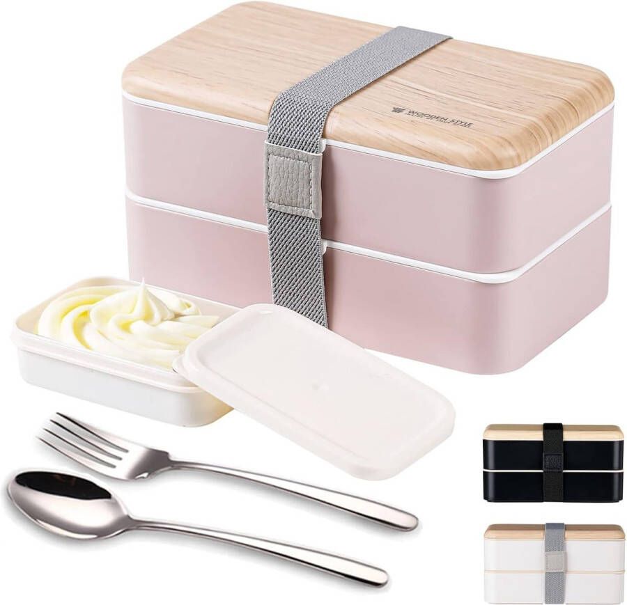 Originele Bento Box lunchboxen Container bundelverdeler Japanse stijl met roestvrijstalen keukengerei lepel en vork(Wit)
