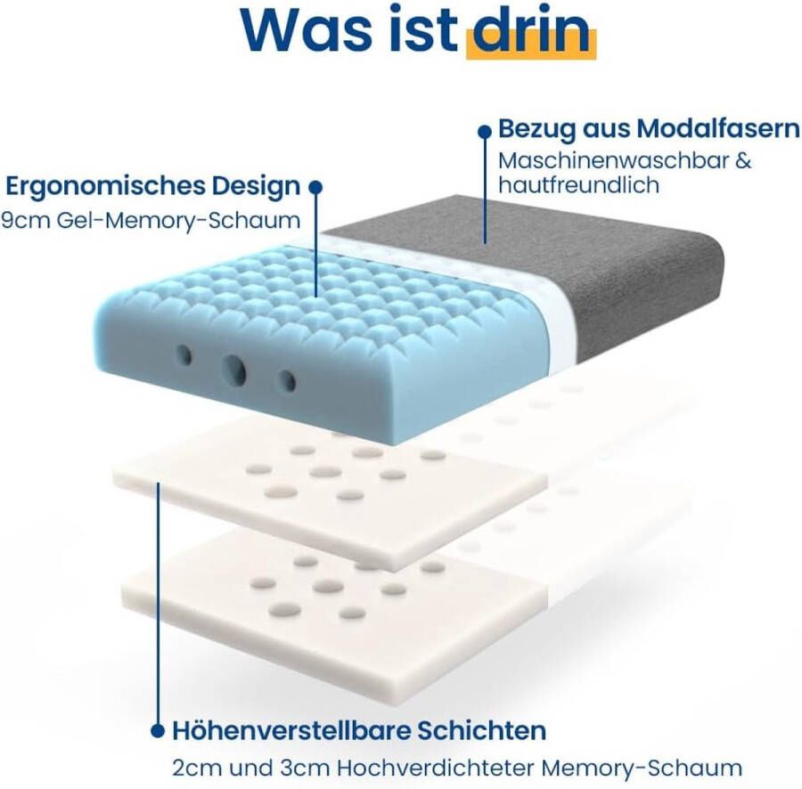 Orthopedisch neksteunkussen in hoogte verstelbaar traagschuim hoofdkussen Oeko-Tex -gecertificeerd nekkussen 61 x 38 cm ergonomisch kussen voor alle slaaphoudingen wasbare overtrek