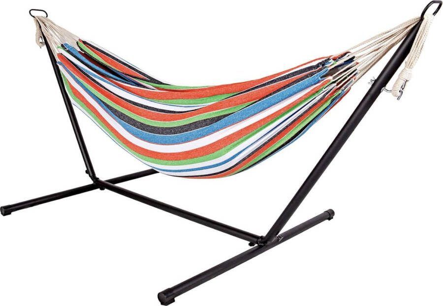 Outdoor dubbele hangmat met frame 285x120x110 cm staafhangmat voor 2 personen tot 150 kg belastbaar (Vibrant Striped)
