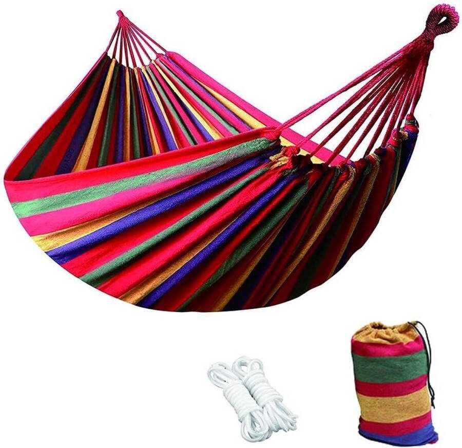 Outdoor Hangmat 1-2 Personen Katoen tot 200 kg Belastbaar Voor Terras en Balkon Met Transporttas Geschikt voor Outdoor Activiteiten Afmetingen 260x80cm Rood