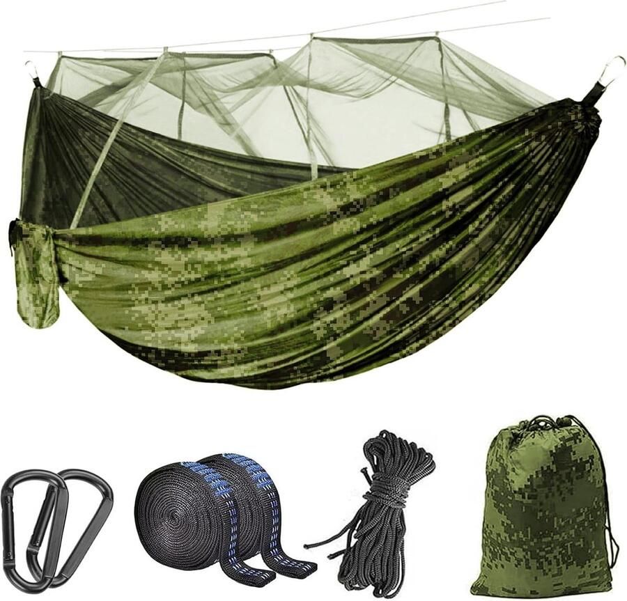 Outdoor hangmat met klamboe voor reiscamping 260 x 140 cm ultralicht muggennet 2 personen 300 kg draagkracht camouflage