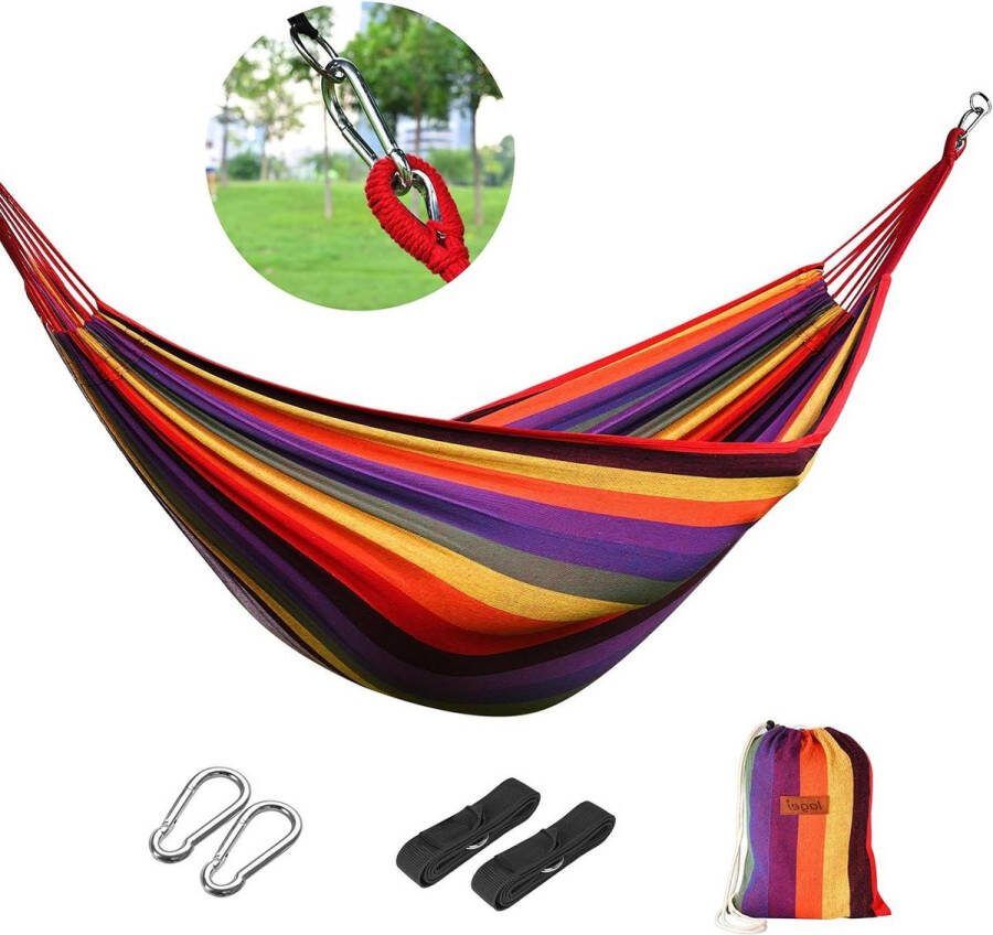 Outdoor Katoenen Hangmat Meerpersoons 260 x 150 cm Belastbaar tot 200 kg Draagbaar Met Draagtas Terras Binnenplaats Tuin