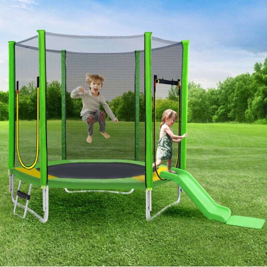 Outdoor TÜV Rheinland gecertificeerde tuintrampoline kindertrampoline inclusief ladder gevoerde palen glijbanen veiligheidsnet randafdekking & accessoires