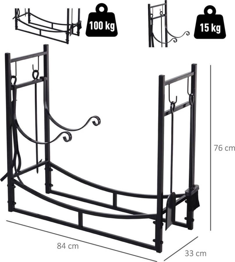 Outsunny Haardhout opbergrek metaal zwart incl. accessoires 84 x 33 x 76 cm