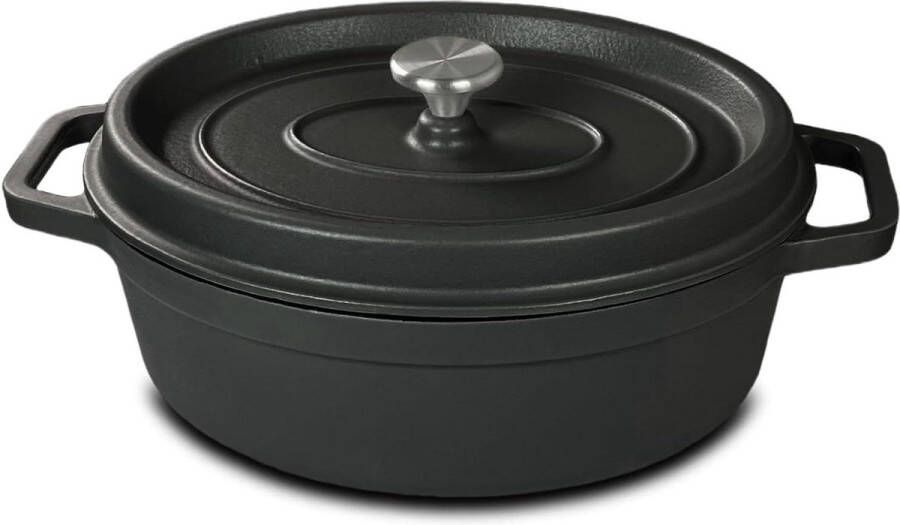 Ovaal gietijzeren stoofpan met druppeldeksel donkergrijs 33 cm