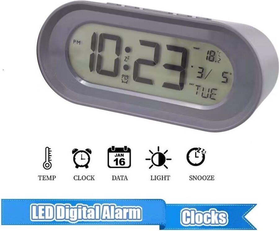 Oval Digitale Wekker Alarm Klok met Temperatuur Kalender en LED Verlichting Alarmklok met datum Wekker op batterijen (niet bij inbegrepen) Grijs