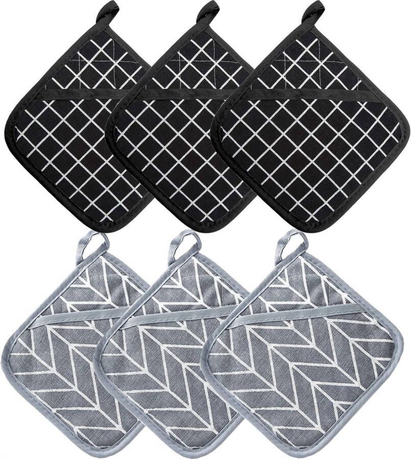 Ovenhandschoenen hittebestendig en pannenlappen set van dikke ovenwanten set van gerecycled katoen gevuld pannenlappen voor het bakken van de keuken 18 cm x 18 cm 3 stuks zwart met 3