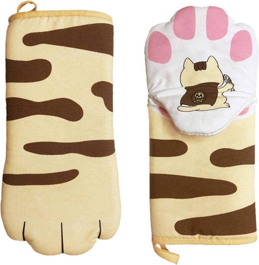 Ovenhandschoenen hittebestendig kookhandschoenen hittebestendig antislip lange bakhandschoenen bescherming tegen verbranding leuke cartoon-kattenpoot voor koken bakken 2 stuks (B)