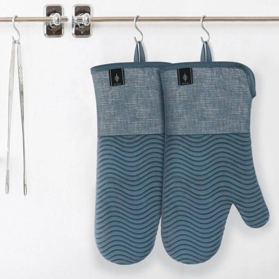 Ovenhandschoenen hittebestendige ovenhandschoenen extra lang katoenen kookhandschoenen met anti-slip siliconen gestreepte bakhandschoenen voor koken bakken grillen set van 2 blauw