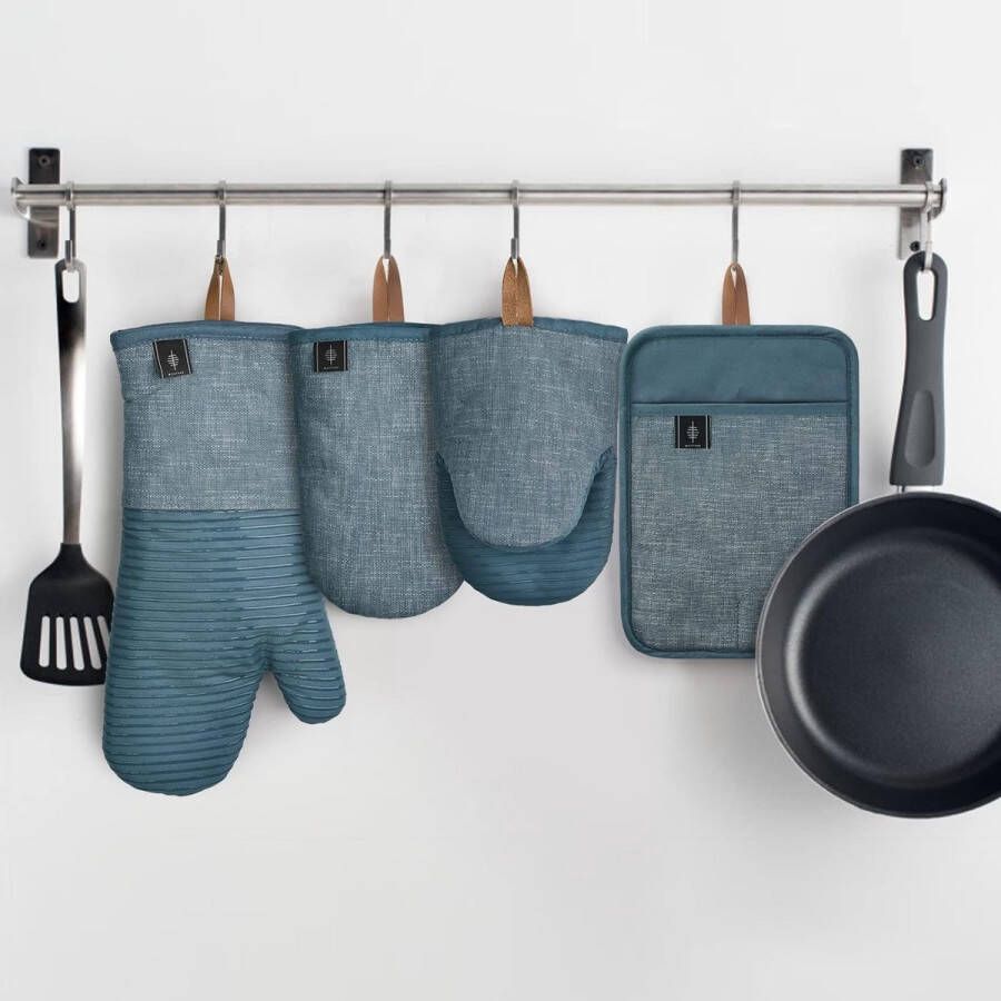 Ovenhandschoenen hittebestendige pannenlappen set mini-ovenhandschoenen ovenwanten met anti-slip siliconen gestreepte kookhandschoenen voor koken bakken set van 4 blauw