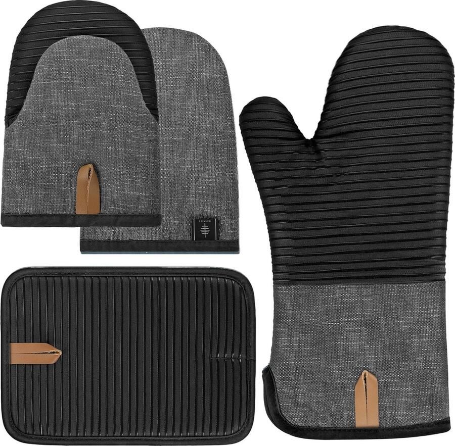 Ovenhandschoenen hittebestendige pannenlappen set mini-ovenhandschoenen ovenwanten met anti-slip siliconen gestreepte kookhandschoenen voor koken bakken set van 4 zwart