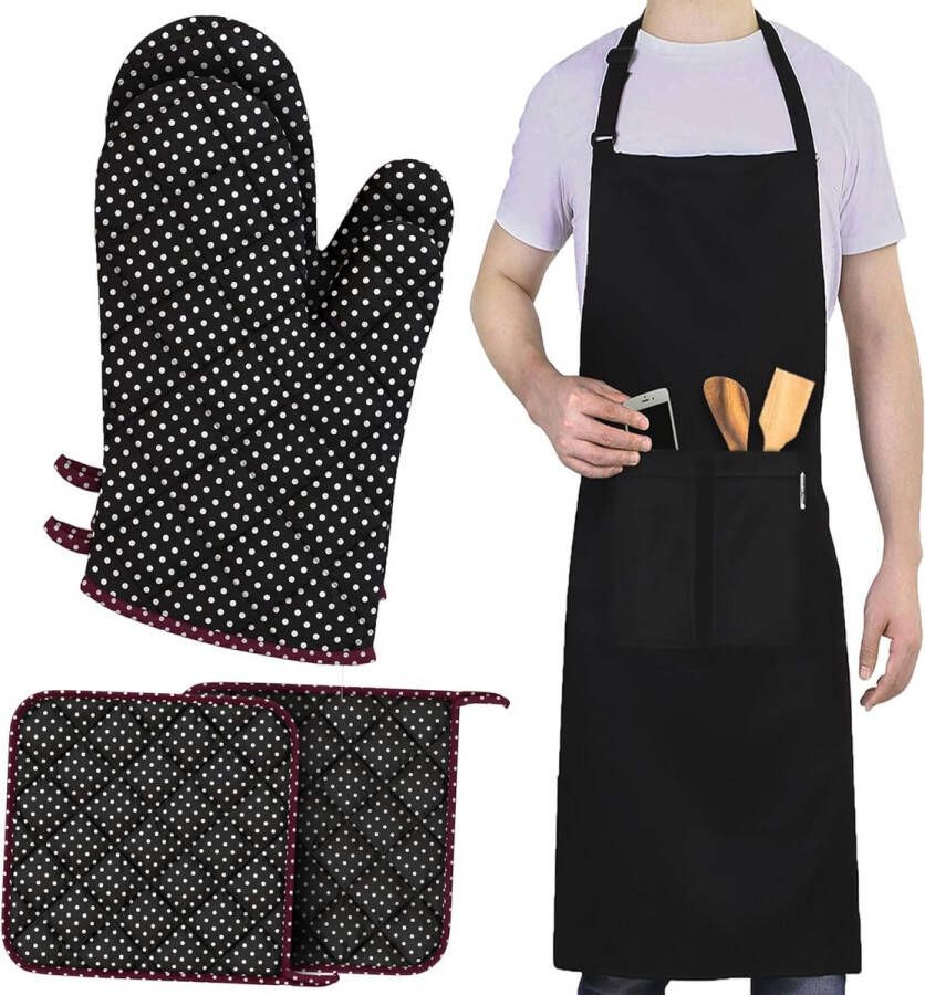 Ovenhandschoenen pannenlappen set van 4 hittebestendige katoenen ovenhandschoenen grillhandschoenen ovenhandschoenen (zwart (2 ovenhandschoenen + 2 pannenlappen + 1 schort) set van 5