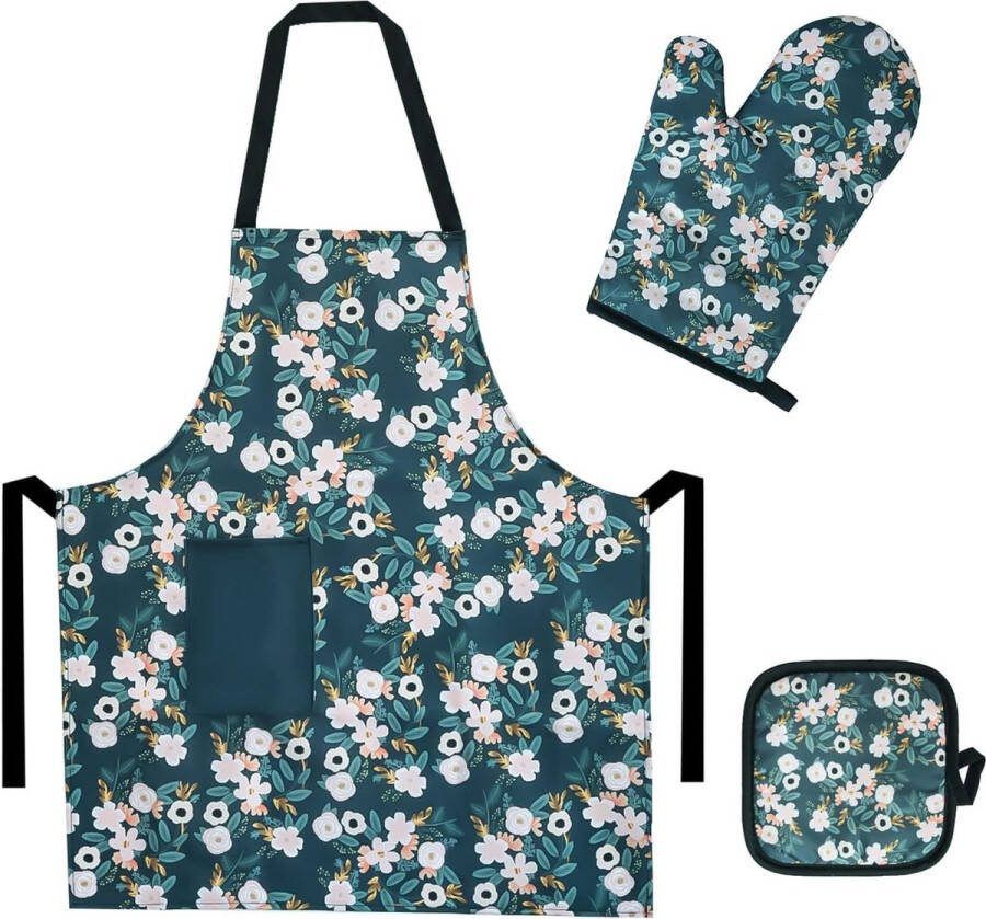 Ovenhandschoenen polyestermateriaal bakhandschoenen met schort en pannenlappenset zacht en kookhandschoenen met bloemenpatroon warmte-isolatie tot 230 °C