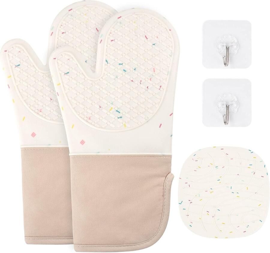 Ovenhandschoenen set van 1 paar siliconen en katoen antislip hittebestendige ovenhandschoenen voor keuken koken bakken grillen BBQ met 1 pannenlap