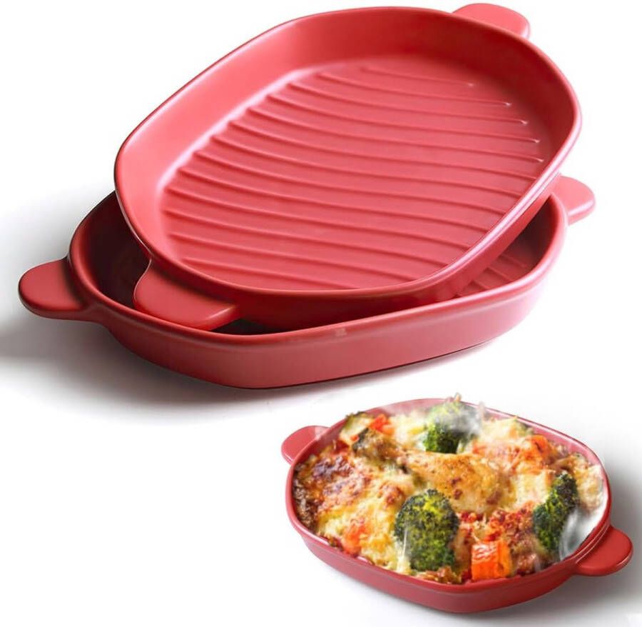 Ovenschaal 26 x 18 cm Lasagnevorm met handvat Ideaal voor 2 personen Bakvorm Ideaal voor de oven Keramisch Bakblik Lasagne Bakblik Set van 2 (Rood)