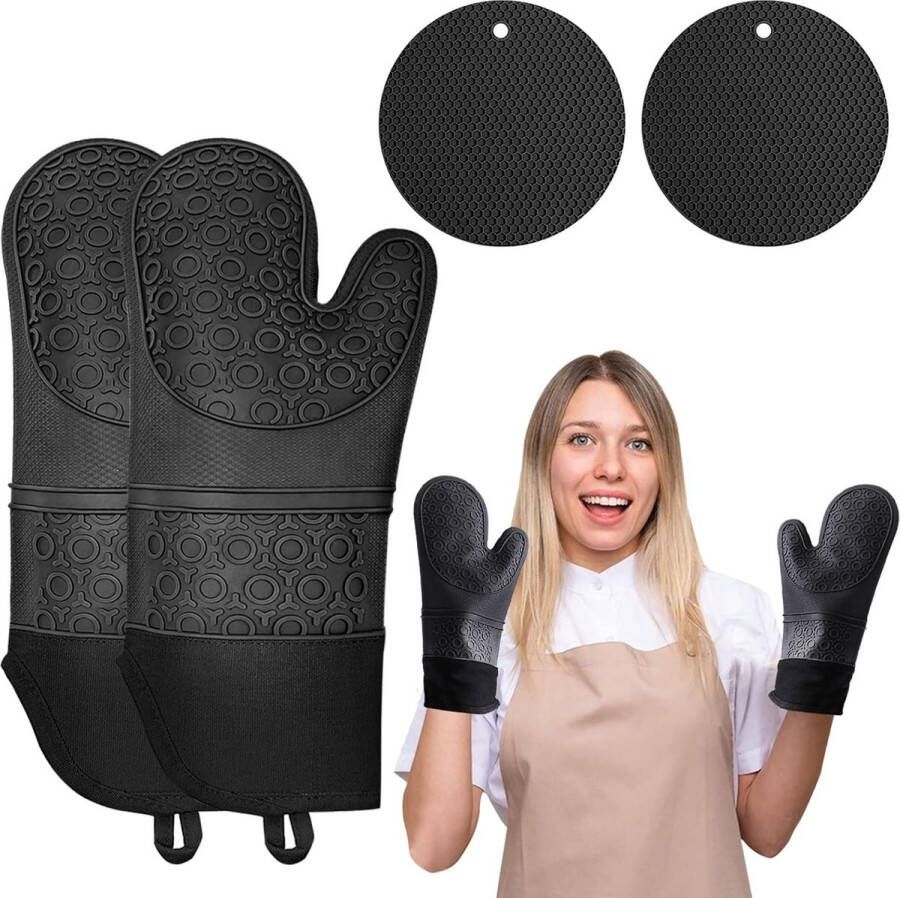 Ovenwant en pannenlappen set van 260 graden Celsius hittebestendige ovenhandschoenen antislip siliconen en katoenen pannenhandschoenen 1 paar voor keuken oven magnetron zwart