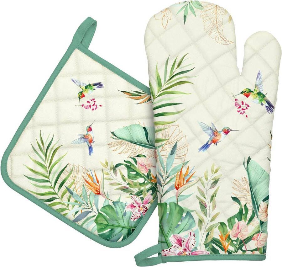 Ovenwanten en pannenlappen set van 2 100% katoenen kookhandschoenen hittebestendige keukenhandschoenen koken barbecuecadeau retro bloemen en planten