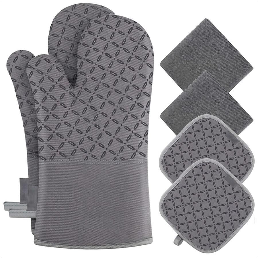 Ovenwanten Grijs 6-Delig Ovenhandschoenen Ovenwanten Hittebestendig Ovenwanten Siliconen 2 Pannenlappen 2 Keukendoeken