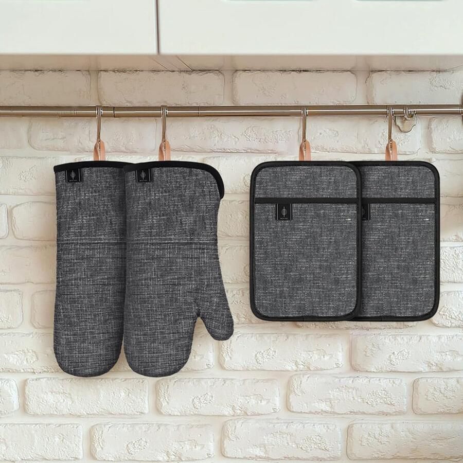 Ovenwanten set van 4 hittebestendige extra lange ovenhandschoenen met anti-slip siliconen gestreepte kookhandschoenen voor koken en bakken set van 4 grijs