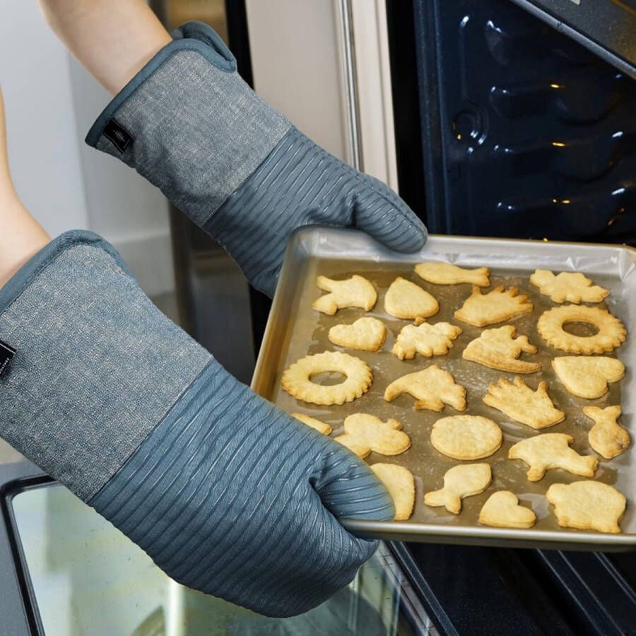 Ovenwanten set van 4 ovenwanten hittebestendige extra lange ovenhandschoenen met anti-slip siliconen gestreepte kookhandschoenen voor koken bakken set van 4 blauw