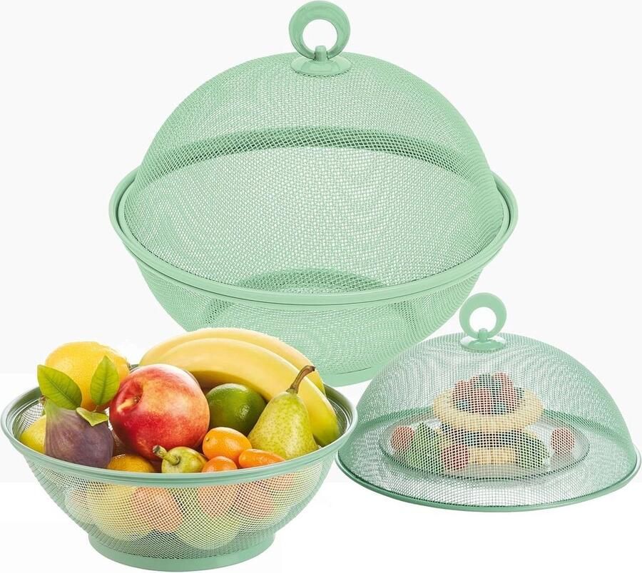 Overdekte fruitschaal voor fruit groenten en snacks Draadmand met deksel Metalen gaasmand Lichtgroen Set van 4
