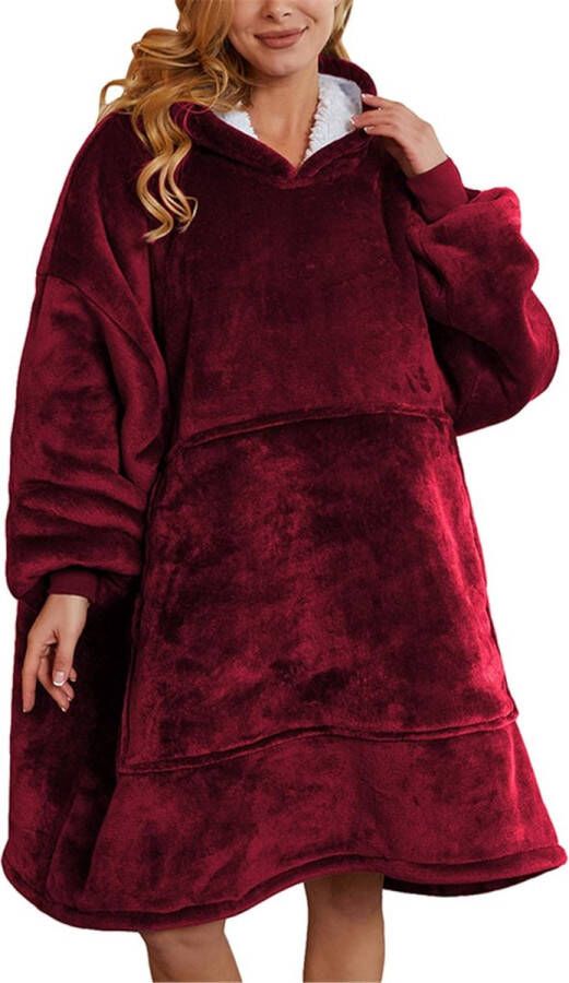 Oversized sweatshirt-deken uniseks sherpa deken met capuchon draagbaar knuffeldeken met mouwen en zak rood
