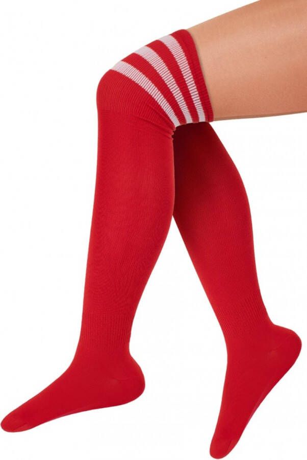 Paar Lange sokken rood met witte strepen maat 36-41 Lieskousen kniekousen overknee kousen sportsokken cheerleader carnaval voetbal hockey unisex festival