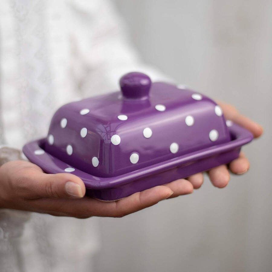 Paarse en Witte Polka Dot Stippen Handgeschilderde Keramische Overdekte Botervloot Met Deksel butter dish with lid