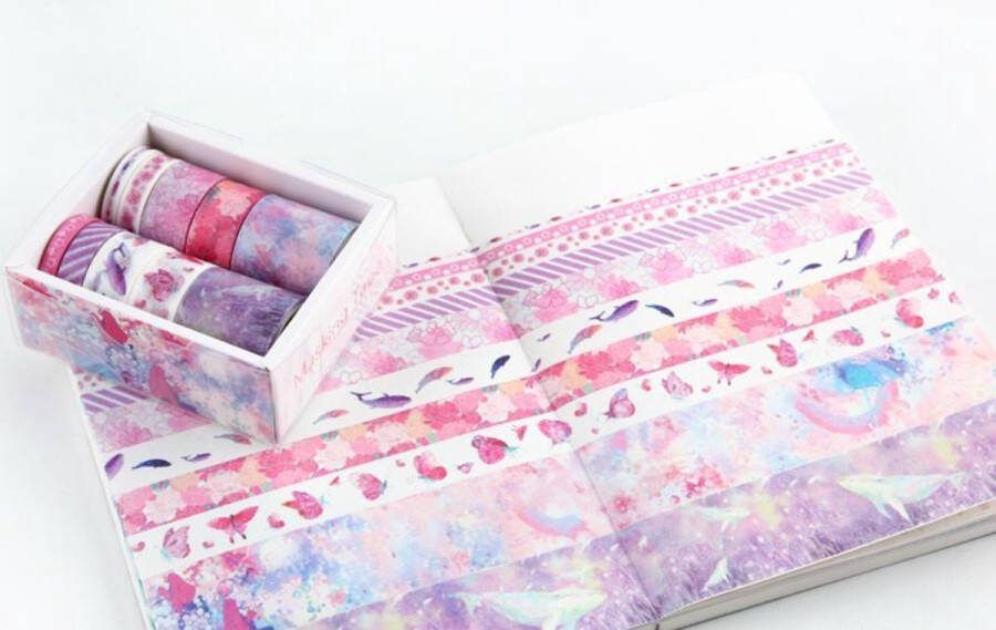 Merkloos Sans marque Paarse Walvissen Washi Tape Pakket Doos | Verschillende Washi Tapes | Walvissen Rozen Bloemen Roze Paars Patronen Strepen Space Galaxy Ruimte Washi Tape | Masking Tape | Bullet Journal | Journalling | Journal | Plakboeken | Inpakken | Versieren