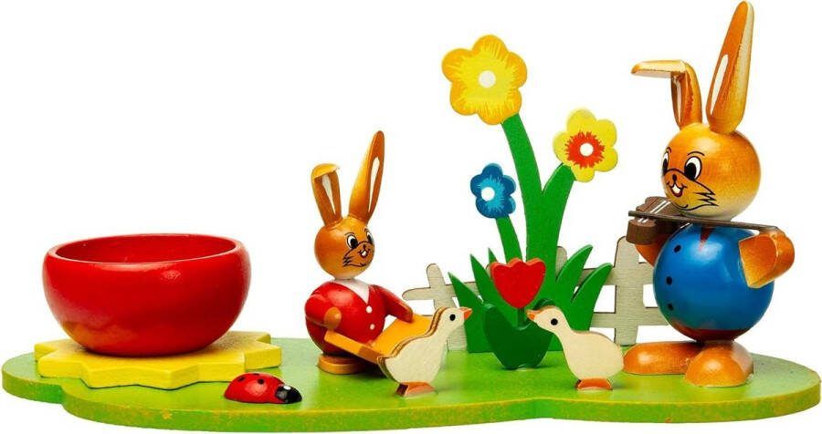 Paasdecoratie Kleurrijke houten eierdopjes Paastuin met paashaas figuren Eierdopjes paashaas muzikanten Model: eierdopjes paashaas