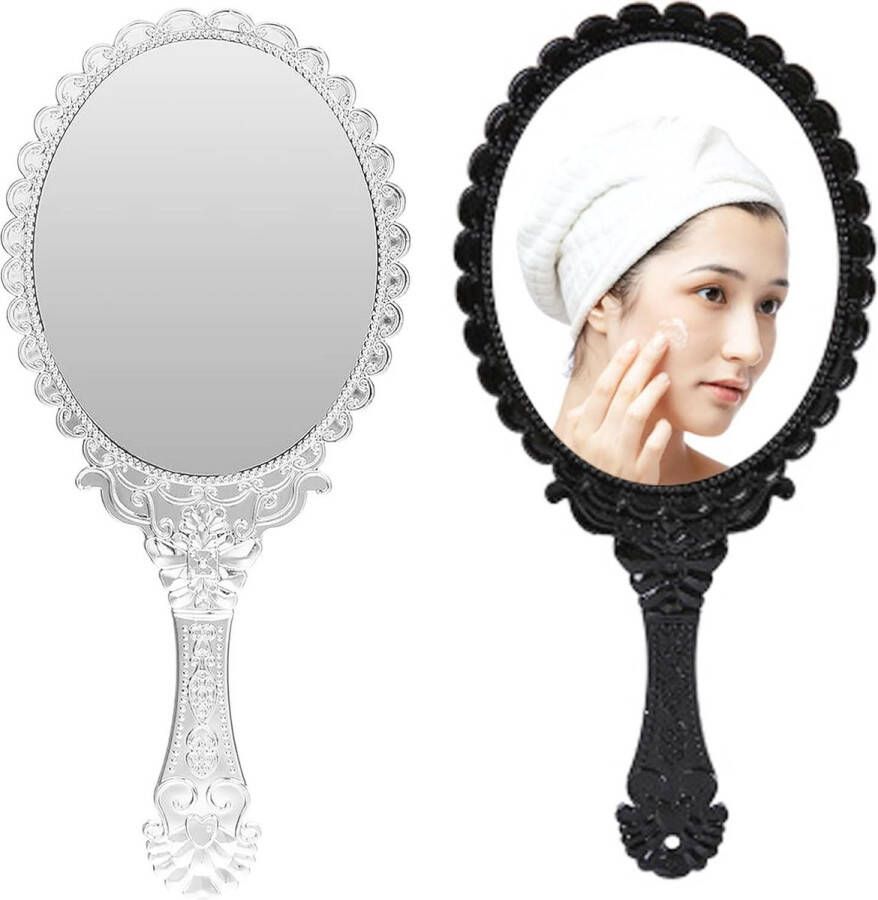 Pack of 2 Cosmetic Mirrors Hand Mirrors Makeup Mirror with Handle Ladies Vintage Floral Hand Oval Mirror Suitable for Home and Mobile (Silver Black)