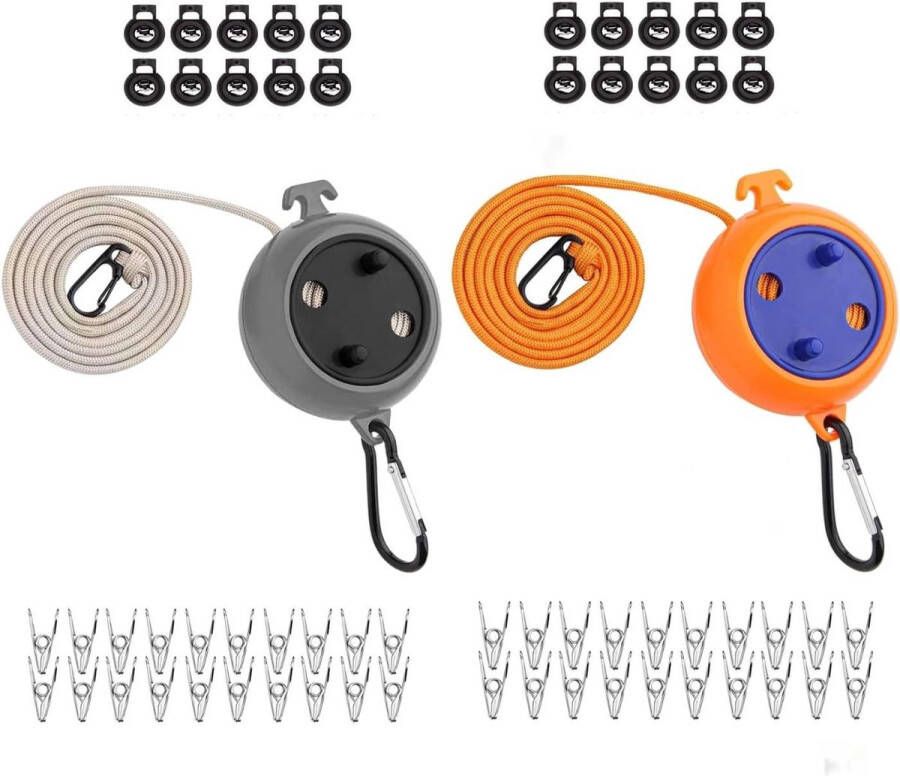 Pack of 2 Extendible 8 m Clothesline Camping Portable Travel Holiday Outdoor Indoor Clothes Cord with Stopper and Windproof Clothespins Black + Orange Waslijn Uittrekbaar