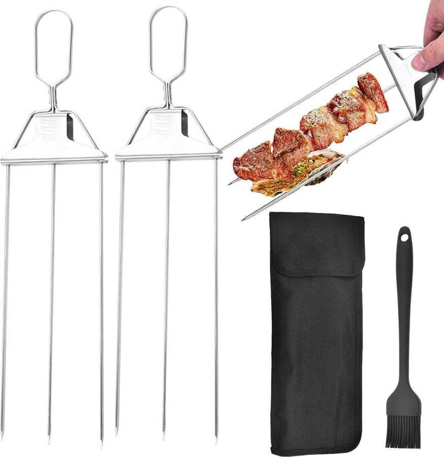 Pack of 4 Three-Pronged Stainless Steel Barbecue Forks Semi-Automatic Barbecue Skewers Reusable with Oxford Bag and Silicone Brush for Outdoor BBQ House Grill Meat Fork Campfire Skewers