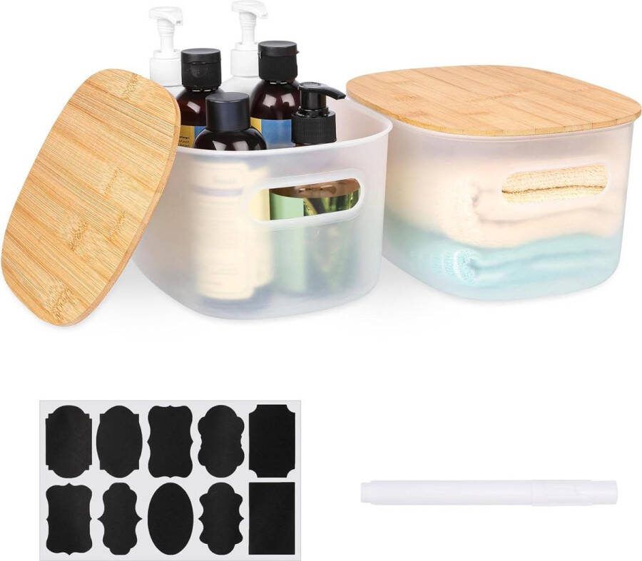 Pack of Plastic Storage Boxes with Bamboo Lids Stackable Organiser Baskets for Shelves and Closets White Belle Vous