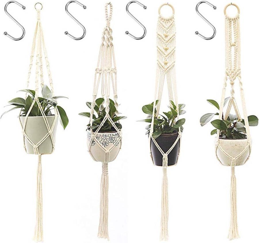 Pack van 4 macrame hangende mand plantenhanger katoenen touw plantenhouder boho voor binnen buiten plafond balkon wanddecoratie woondecoratie