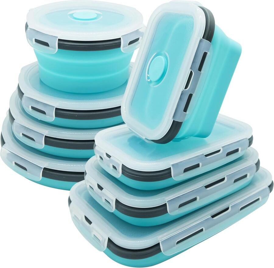 Pack van 8 opvouwbare voedselbewaarcontainers met deksels opvouwbare lunchbox van siliconen opvouwbare lunchbox opvouwbare kom camping BPA-vrij blauw
