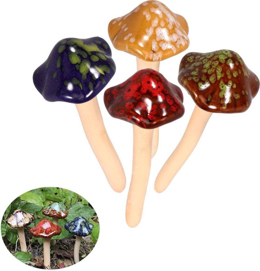 Paddestoel beeldje Kleurrijke Tuinpaddestoelen Fairy Garden Keramische Paddestoel 4 Kleuren Tuinpotten Decoratie Aardewerk Ornament voor DIY Poppenhuis Oppotloods Bloempotplanten