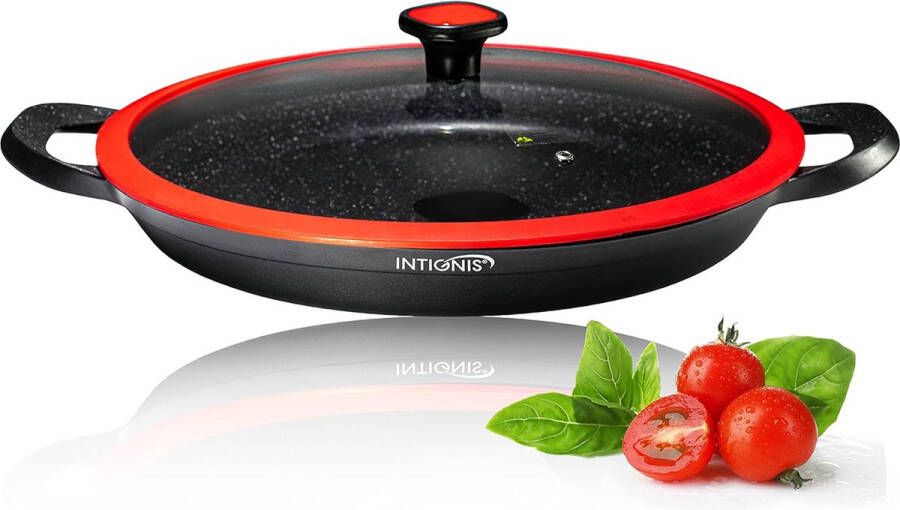 Paella Pan Bowl with Glass Lid Made of Non-Adhesive Stone Robust PFOA-Free Quality Removable Handles (32 cm)