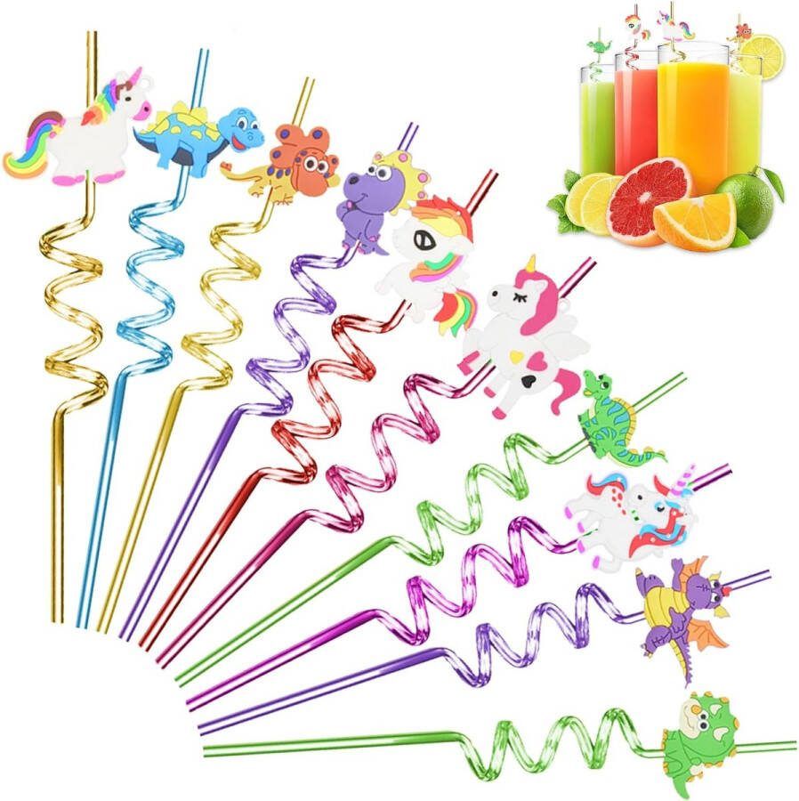 Pak van 10 herbruikbare plastic rietjes plastic rietjes van dinosaurus en eenhoorn rietjes plastic krullend voor kinderverjaardagsfeestjedecoratie