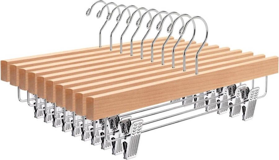 Pak van 10 naturel houten kleerhangers van 35 5 cm robuuste en glanzende broekhangers voor broeken korte broeken rokken sokken ondergoed met antislipclips en draaibare haken