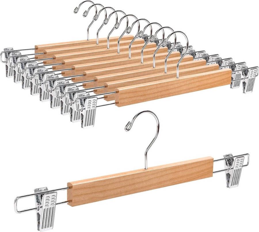 Pak van 10 naturel houten kleerhangers van 36 cm robuuste en glanzende broekhangers voor broeken korte broeken rokken sokken ondergoed met antislipclips en draaibare haken