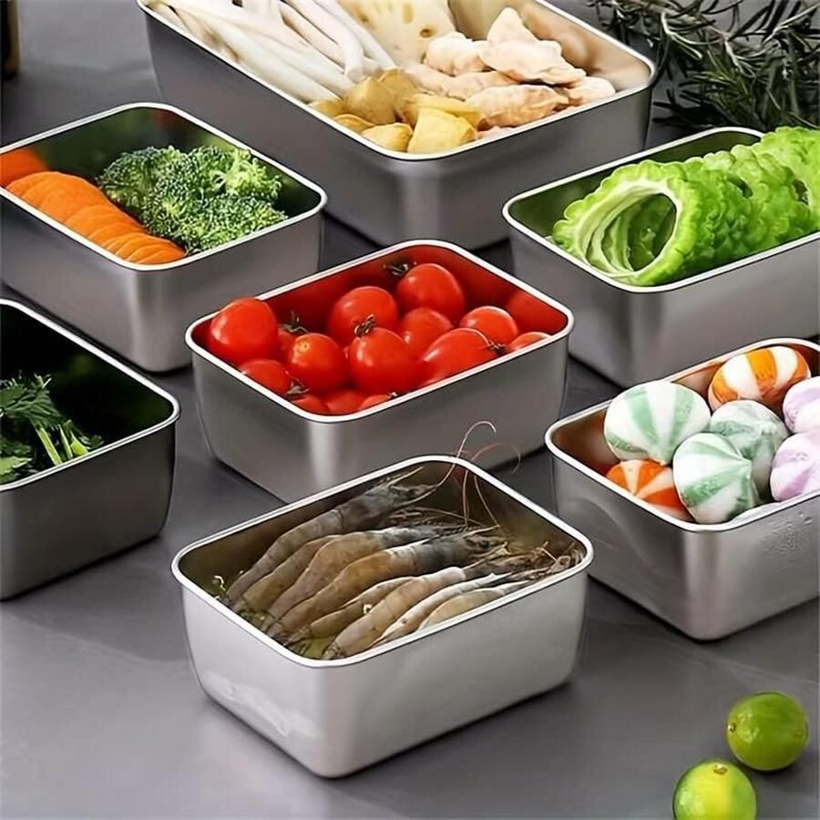 Pak van 6 voedselbewaarcontainers met deksels maaltijdbereidingsdozen roestvrij staal oven vriezer vaatwasmachinebestendig (500 ml)