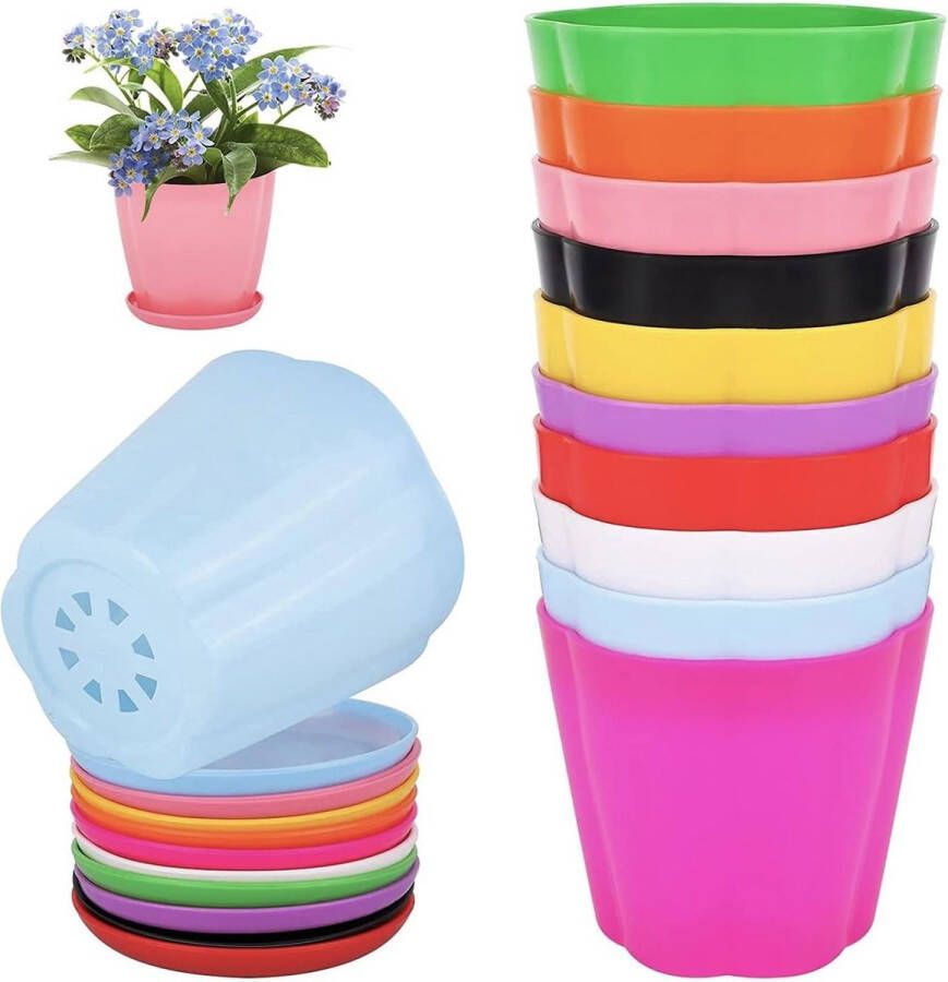 Pakket van 10 plastic bloempotten 11 cm kleurrijke bloempotten voor binnen plantenpotten voor zaailingen met schotels voor tuin kantoor bureau en balkondecoratie (10 kleuren bloemvorm)