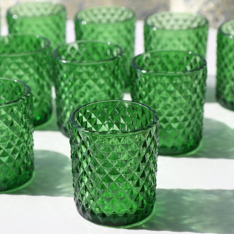 Pakket van 12 groene glazen theelichthouders voor bruiloftstafel. Glazen theelichthouder voor babyshower groene theelichtglazen voor feest en vakantie tafeldecoratie