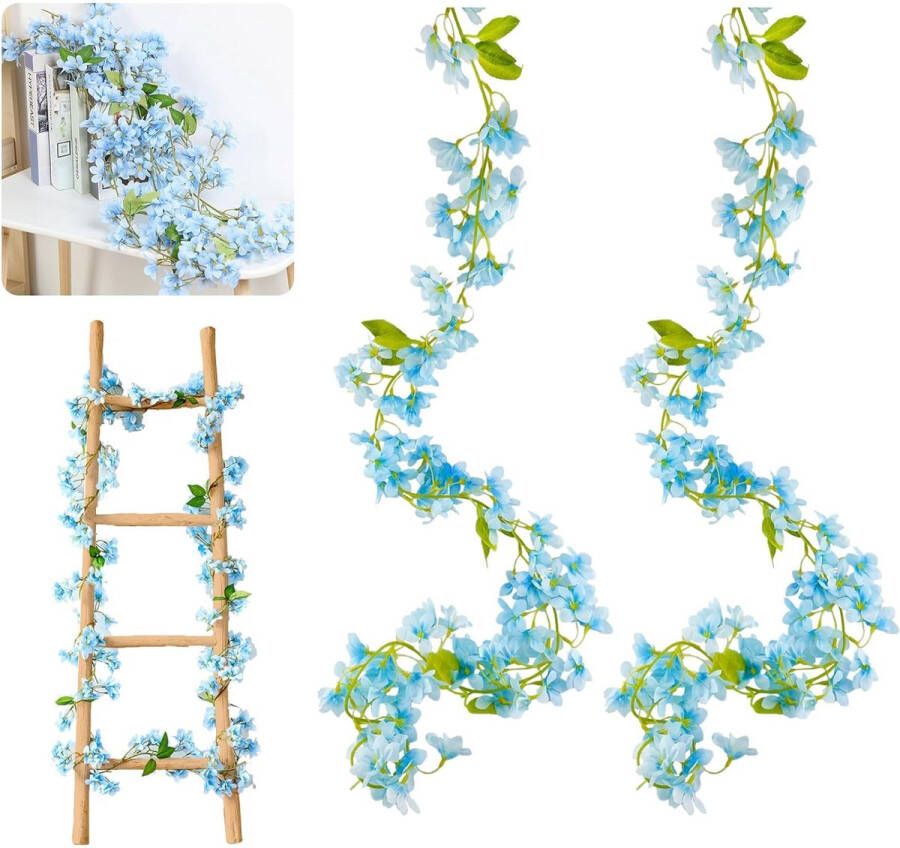 Pakket van 2 kunstmatige kersenbloesem bloemenslingers bloemenrank decoratie 1 8 m kunstmatige bloemenslinger kersenbloesems bloemenrank blauw kunstbloemen zijden bloemen bloemenslinger