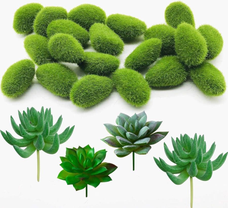 Pakket van 24 kunstmatige mosrotsen decoratief 20 stuks groene mosballen kunstmatige mosstenen en 4 stuks groene ongepotte nepbloem vetplanten voor feeëntuinen en ambachten (Groen 1)