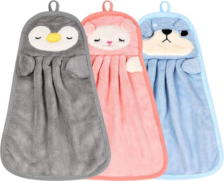 Pakket van 3 kinderhanddoeken microvezel snel drogende gezichtshanddoeken met ophanglus absorberende dierenhanddoeken washandjes voor kinderen keuken badkamer