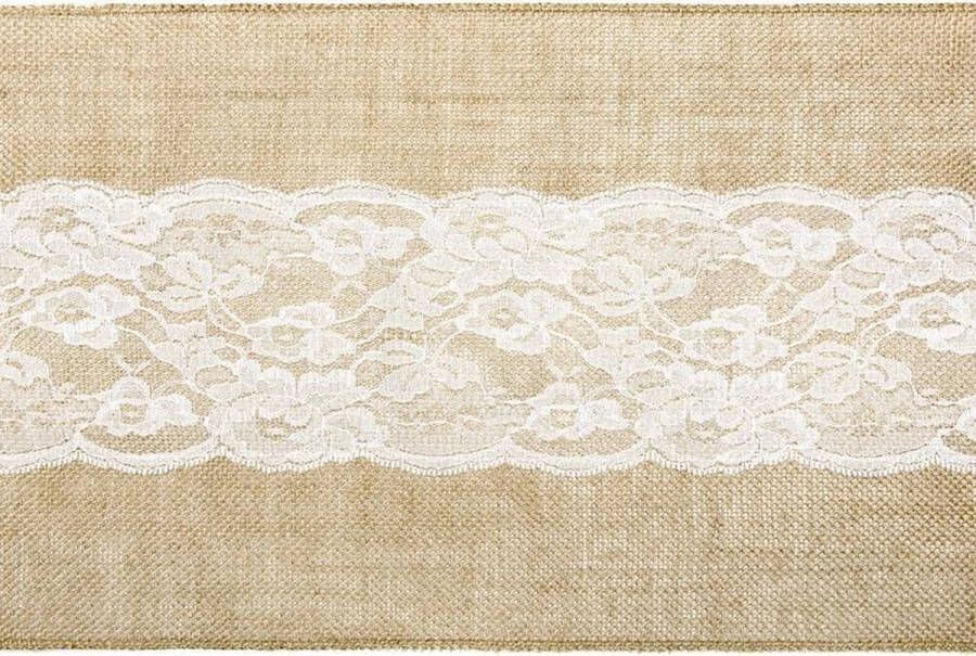 Pakket van 3x stuks jute tafellopers 28 x 275 cm met wit kant Thema antiek romantisch Tafeldecoratie versieringen